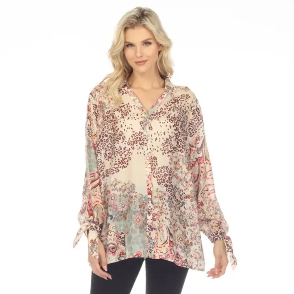 Johnny Was Jungle Paisley Rasvana 100% Silk Blouse Button Shirt Size Large NWT